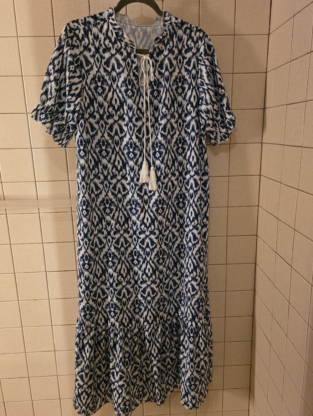 SHEIN Blue and White Ikat Midi Dress with Tassel Tie